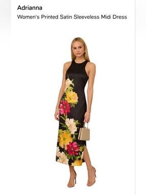 Adrianna Papell Black Sleeveless Floral Satin Midi Dress
